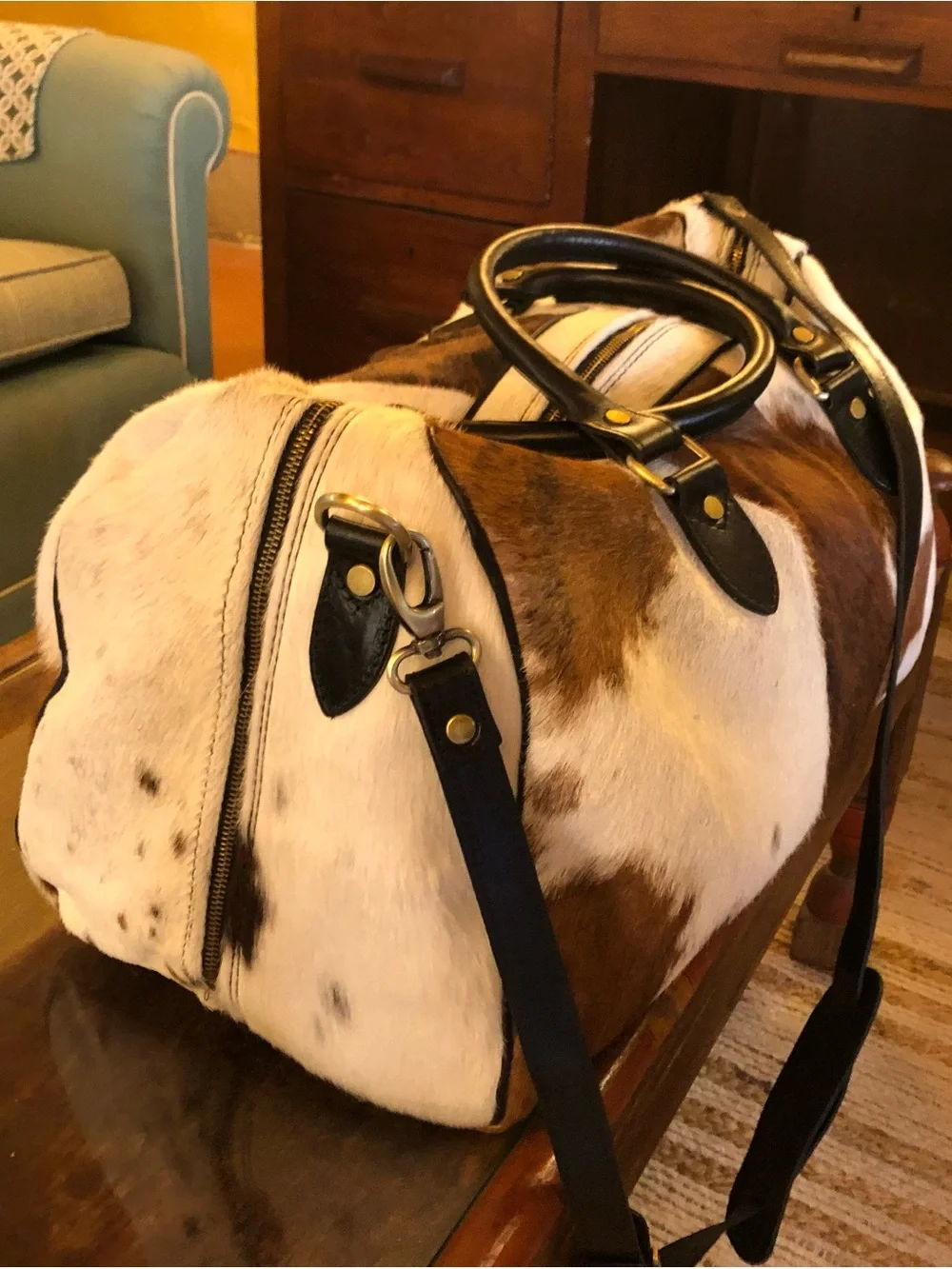 Italian Italy Brown and White Cowhide Leather Men’s Duffle Shoulder Bag